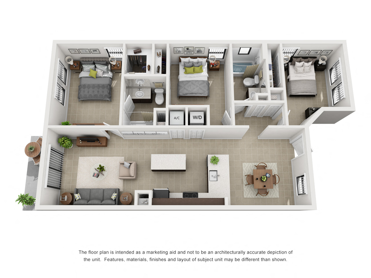 Floor plan for 3 beds, 2 baths, 1203 sqft